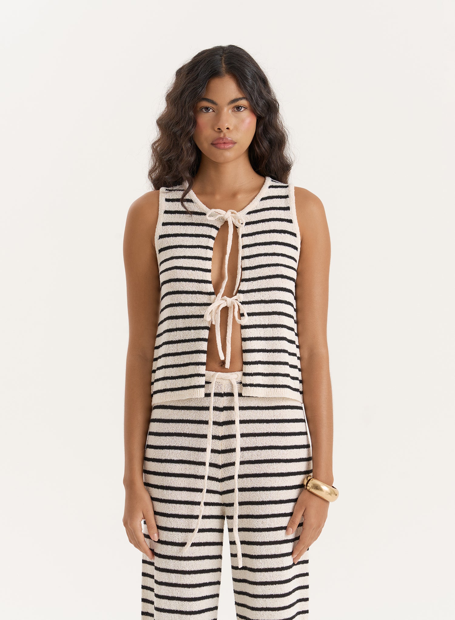 Striped Knitted Tie Front Sleeveless Top